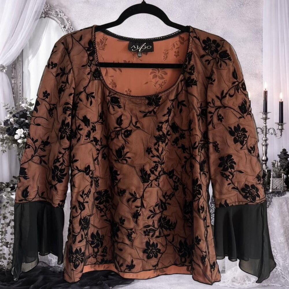 Algo Black Floral Flocked Sheer Bell Sleeve Blouse Peach Lined Romantic Top Med